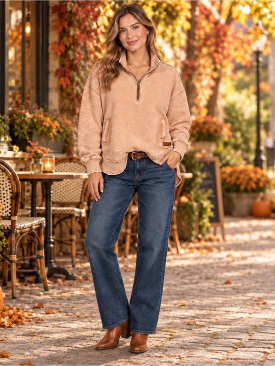 August Blei Tops - August Bleu Peach Mineral Wash Quarter Zip High Low Sweatshirt Boho